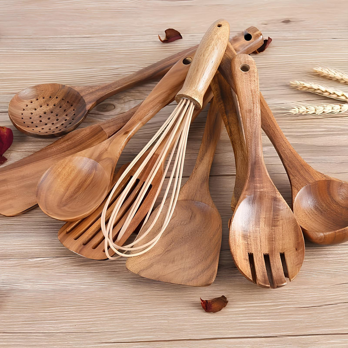 11-delige Keukengerei Set van Teakhout – Inclusief Houder – Natuurlijke Look voor de Keuken