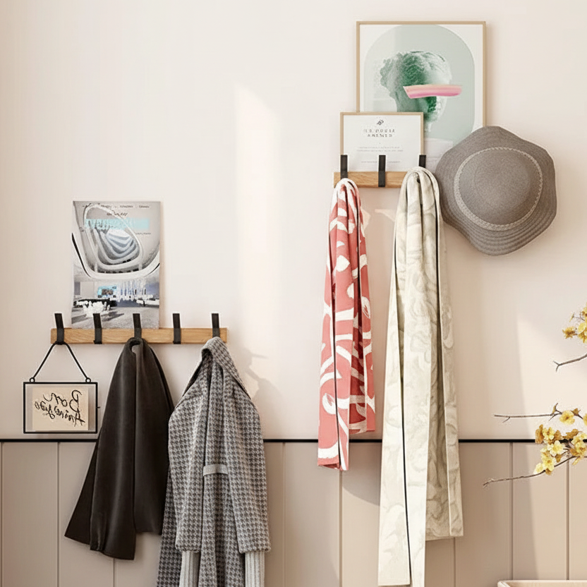 Verplaatsbare Zwarte Wandkapstok met Dubbele Haken van Hout en Aluminium - Nordic Design voor Hal en Slaapkamer