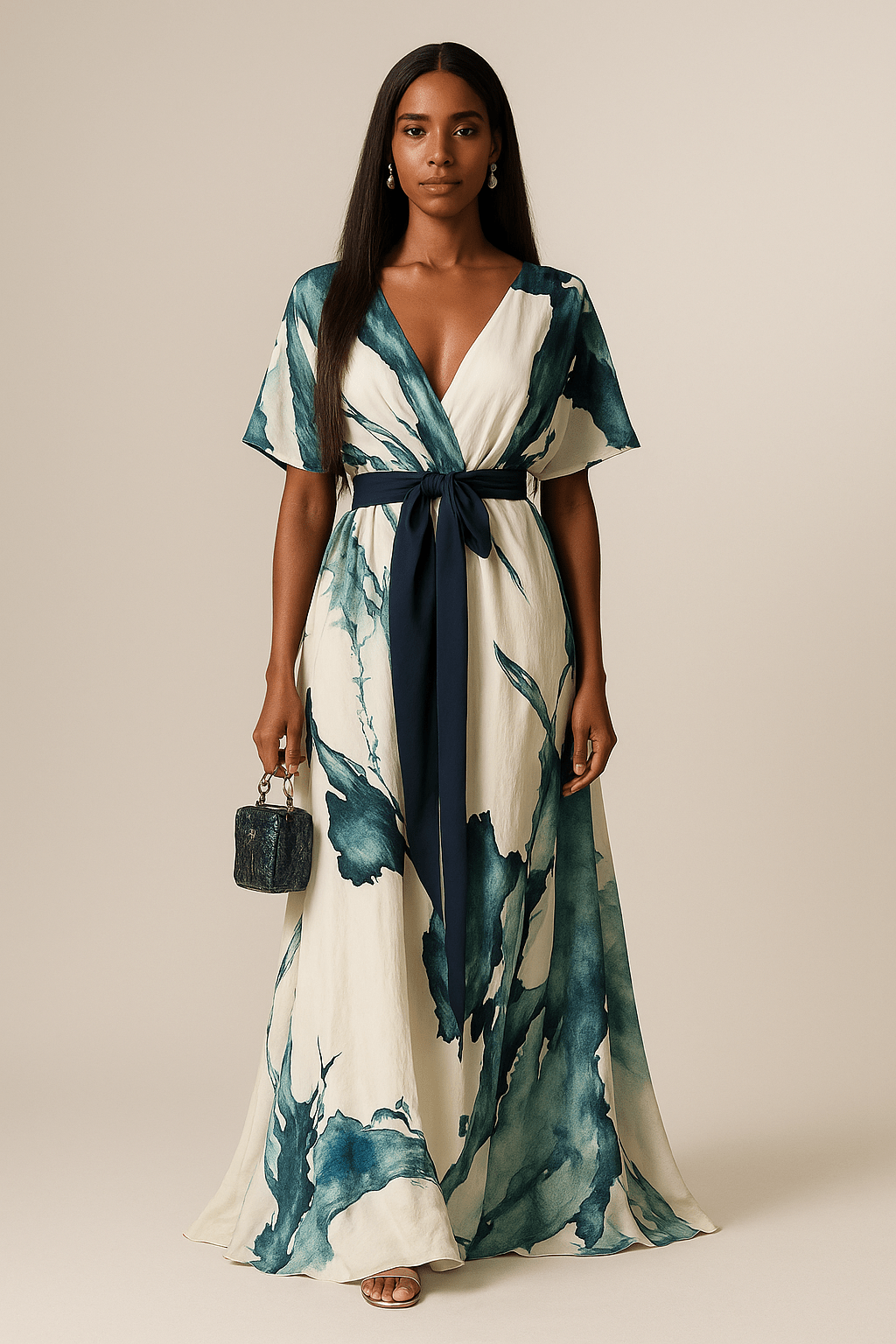 Wina | Dames Maxi Jurk - Lichtgewicht Aquarelprint, V-Halslijn 2XL