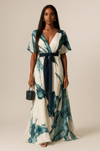 Wina | Dames Maxi Jurk - Lichtgewicht Aquarelprint, V-Halslijn 2XL
