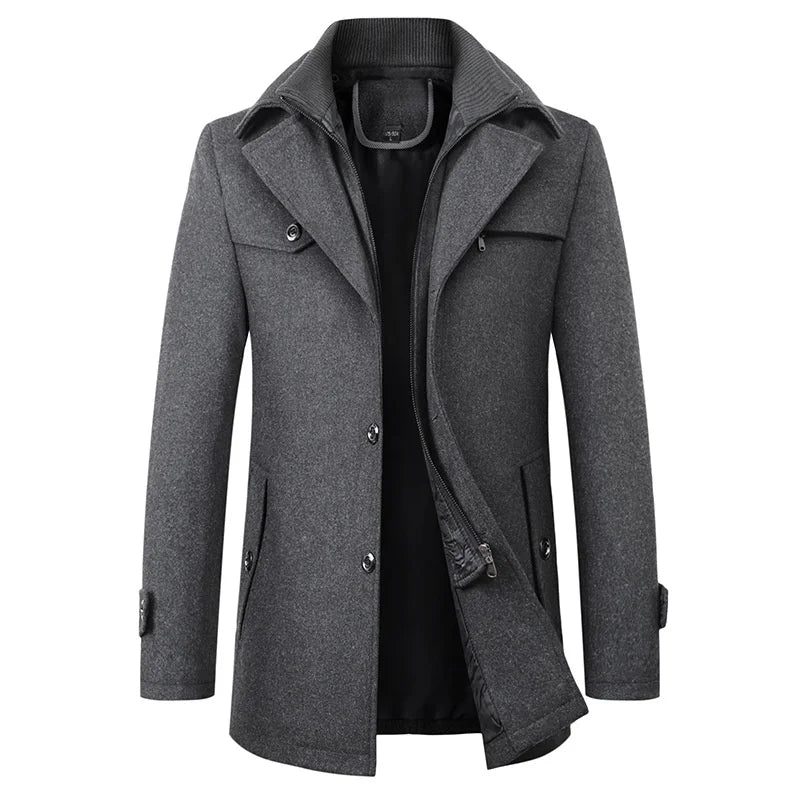 Figueral | Elegante Wintermantel voor Heren met Staande Kraag - Gevoerde Warme Wollen Look Business Jas & Nette Overjas voor Werk & Formele Gelegenheden Grijs