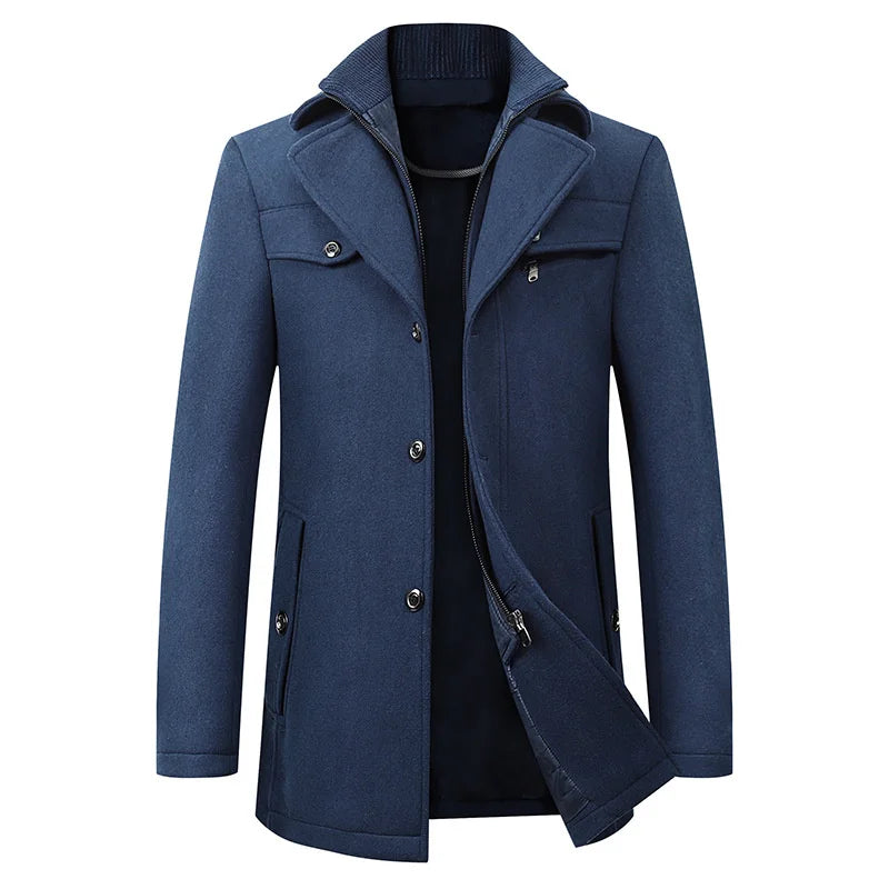 Figueral | Elegante Wintermantel voor Heren met Staande Kraag - Gevoerde Warme Wollen Look Business Jas & Nette Overjas voor Werk & Formele Gelegenheden Blauw