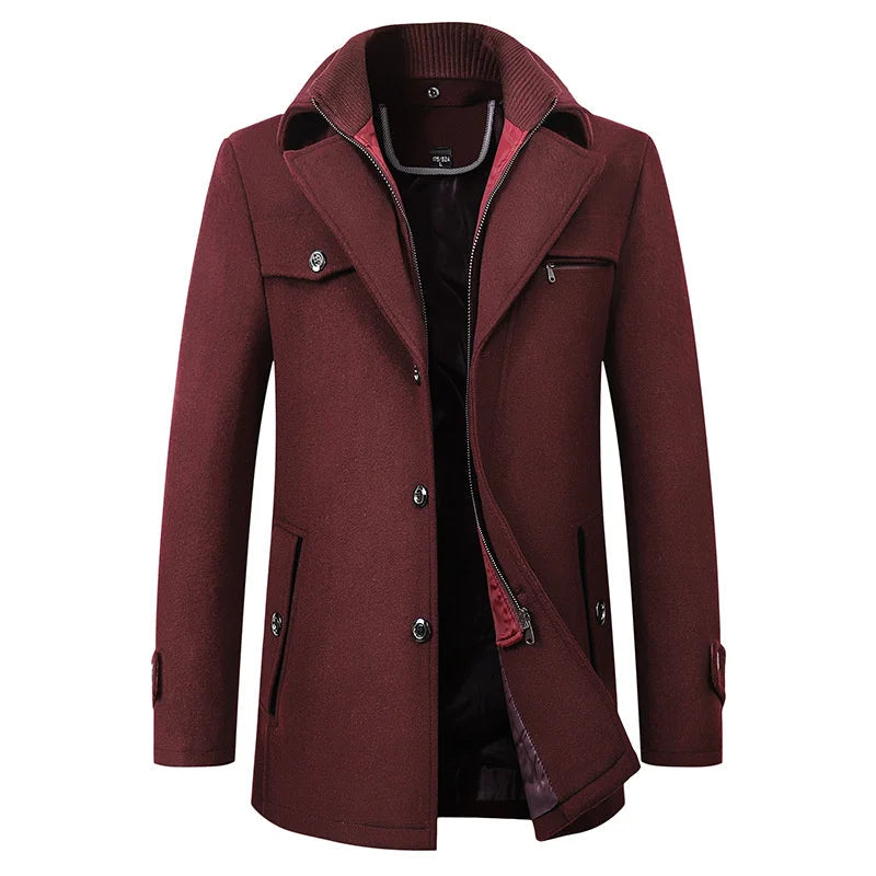 Figueral | Elegante Wintermantel voor Heren met Staande Kraag - Gevoerde Warme Wollen Look Business Jas & Nette Overjas voor Werk & Formele Gelegenheden Rood