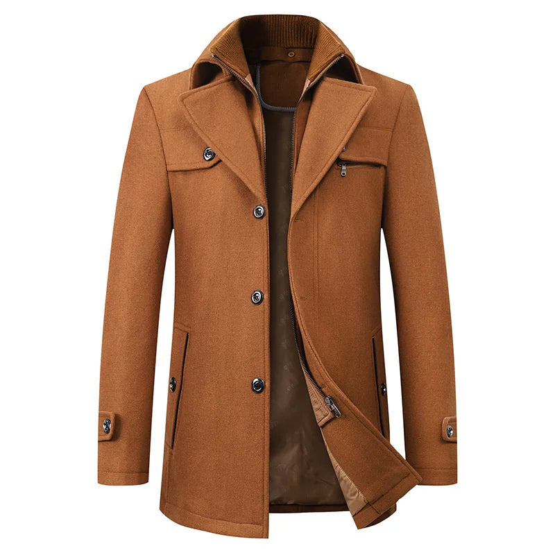 Figueral | Elegante Wintermantel voor Heren met Staande Kraag - Gevoerde Warme Wollen Look Business Jas & Nette Overjas voor Werk & Formele Gelegenheden Bruin