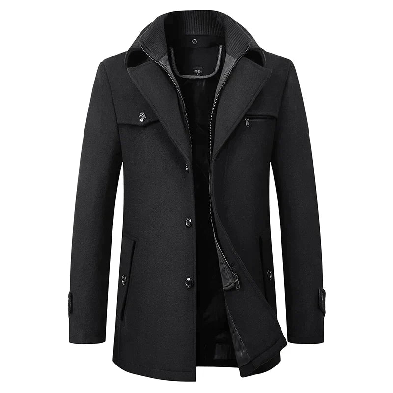 Figueral | Elegante Wintermantel voor Heren met Staande Kraag - Gevoerde Warme Wollen Look Business Jas & Nette Overjas voor Werk & Formele Gelegenheden Zwart