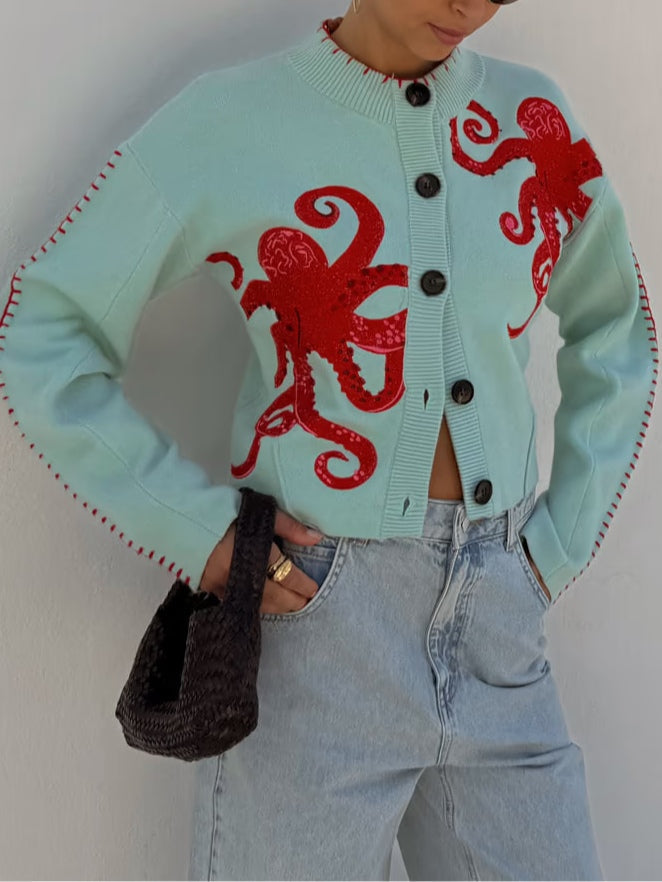 Tasana | Uniek Dames Gebreid Vest met Octopus Patroon - Vintage Jacquard Cardigan met Zee Motief en Knoopsluiting