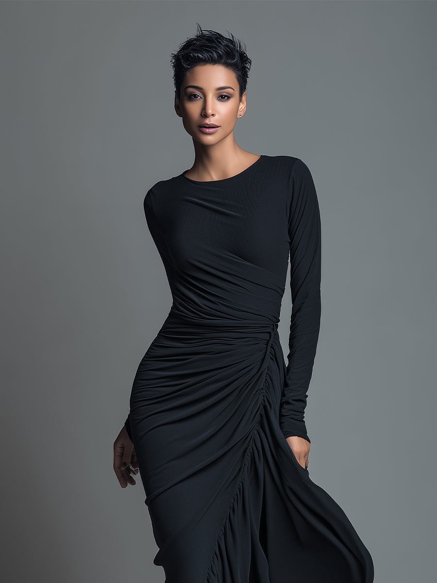 Zara | Dames Maxi Jurk - Jersey met Ruches, Lange Mouwen