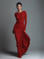 Zara | Dames Maxi Jurk - Jersey met Ruches, Lange Mouwen Rood
