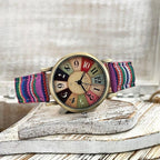Amore Vintage Dameshorloge met Regenboog Patroon en Gevlochten Band Paars-Roze