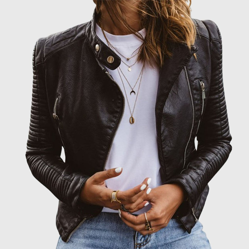 Damen Bikerjacke Taillierter Schnitt Reißverschluss Echtleder