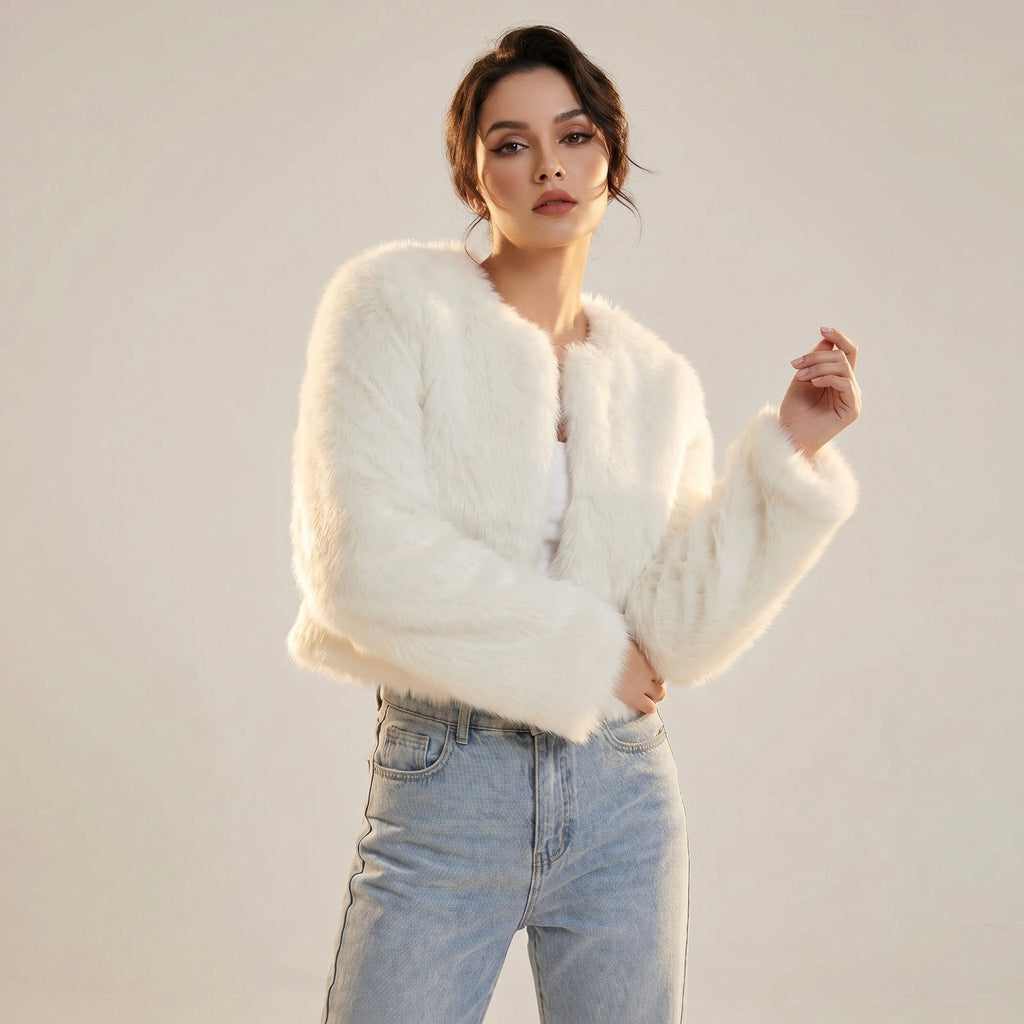 Damen Kurz Kunstpelz Cardigan Jacke - Pink