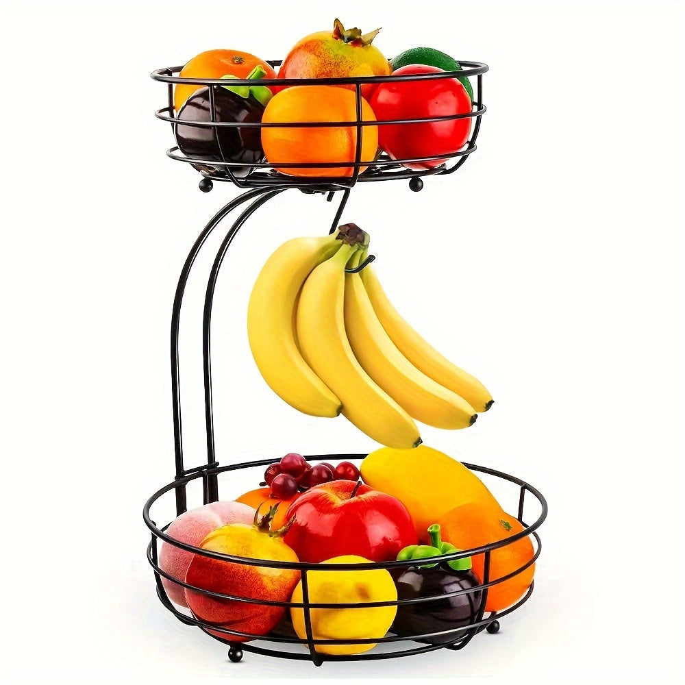 2-Laags Ovale Fruitmand met Bananenhouder – Metalen Keukenorganizer Zwart