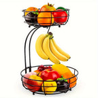 2-Laags Ovale Fruitmand met Bananenhouder – Metalen Keukenorganizer Zwart