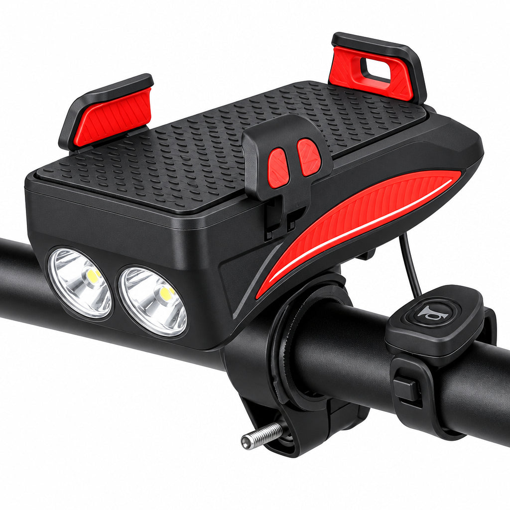 4-in-1 Fietsgadget – Telefoonhouder, Powerbank, LED Verlichting en Claxon Rood