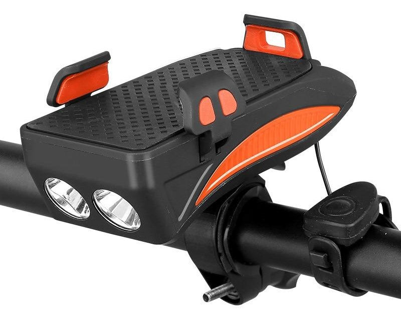 4-in-1 Fietsgadget – Telefoonhouder, Powerbank, LED Verlichting en Claxon Oranje