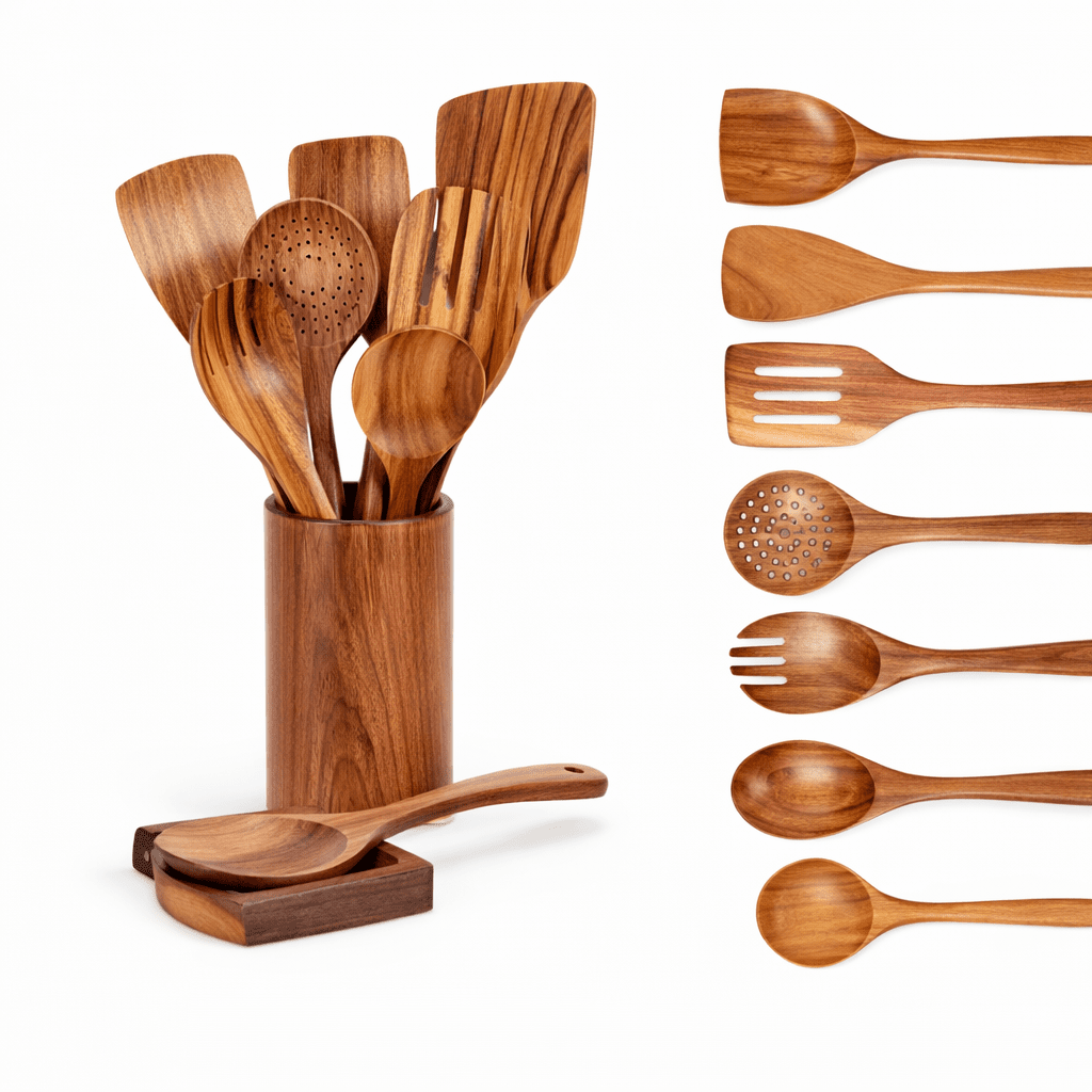 Traditionele Japanse Houten Keukengereedschappen (7-delig) – Onbehandelde Houten Pollepels & Spatels