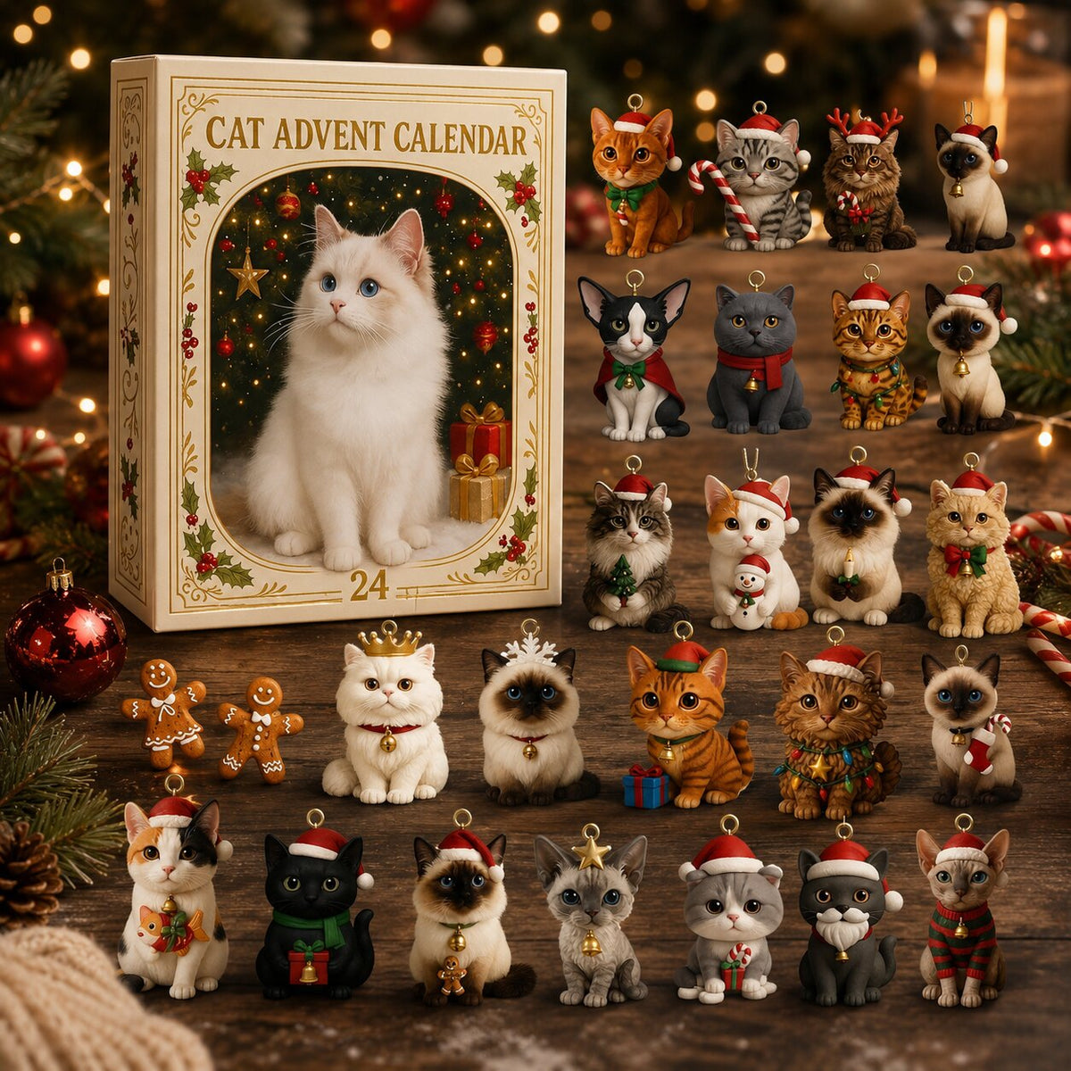 Adventskalender voor Kattenliefhebbers 2026 – 24 Kattenfiguurtjes in Kerstthema, Cadeau voor Kattenfans