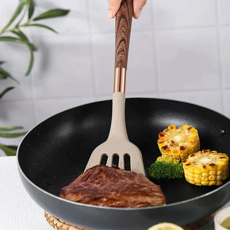 Siliconen Keukengerei met Houten Handvat – 10-delige Voedselveilige Kookgerei Set – KitchenElegance