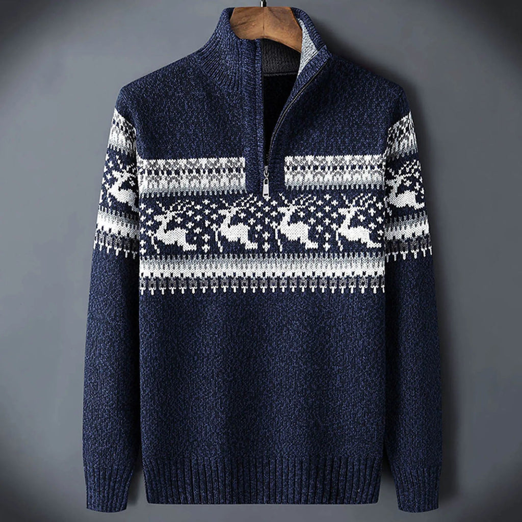Calico | Fair Isle Trui met Halve Rits voor Heren - Warme Noorse Gebreide Sweater met Opstaande Kraag & Vintage Winterpatroon Blauw
