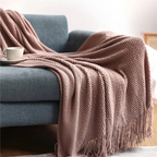 Gebreide Plaid met Kwasten – Zachte Acryl Deken in Merinowol-Look voor Bank & Bed, 9 Kleuren, 127x172 of 130x220 cm Roze