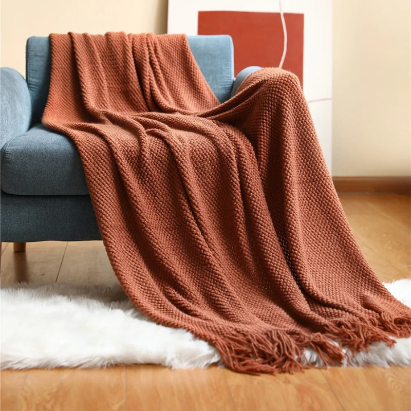 Gebreide Plaid met Kwasten – Zachte Acryl Deken in Merinowol-Look voor Bank & Bed, 9 Kleuren, 127x172 of 130x220 cm Baksteenrood