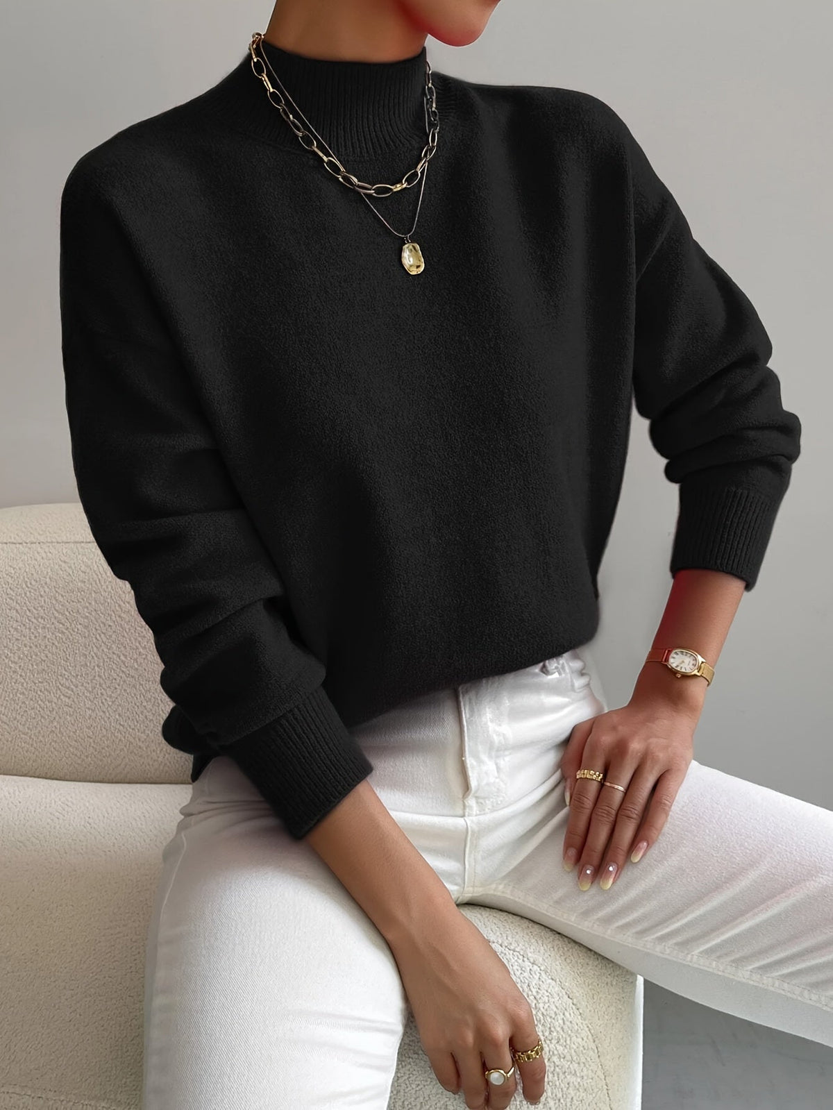Mechi | Dames Gebreide Trui met Ronde Hals en Geribbelde Boorden - Comfortabele Klassieke Pullover en Basic Sweater