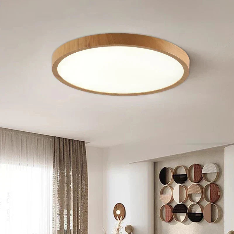 Ultradunne Ronde Plafondlamp van Notenhout – Platte LED Plafonnière met Instelbaar Licht, Ø30 of Ø40 cm, voor Moderne Ruimtes
