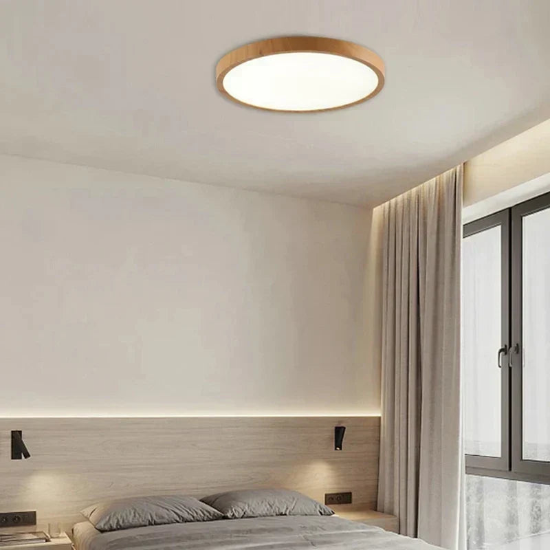 Ultradunne Ronde Plafondlamp van Notenhout – Platte LED Plafonnière met Instelbaar Licht, Ø30 of Ø40 cm, voor Moderne Ruimtes