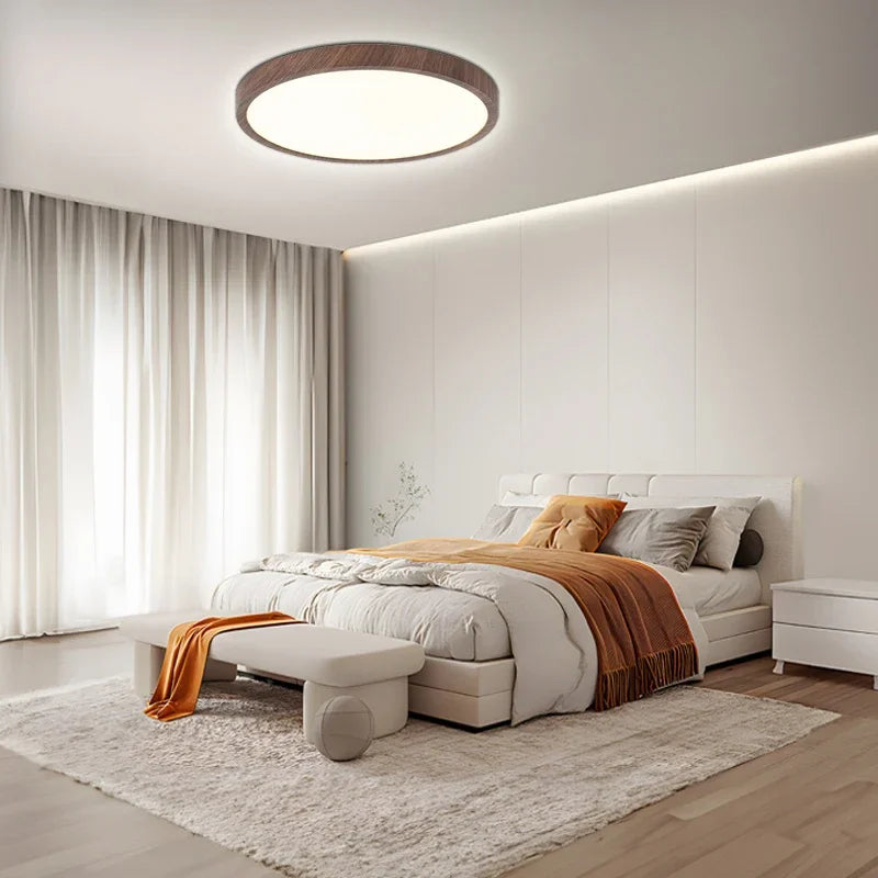Ultradunne Ronde Plafondlamp van Notenhout – Platte LED Plafonnière met Instelbaar Licht, Ø30 of Ø40 cm, voor Moderne Ruimtes