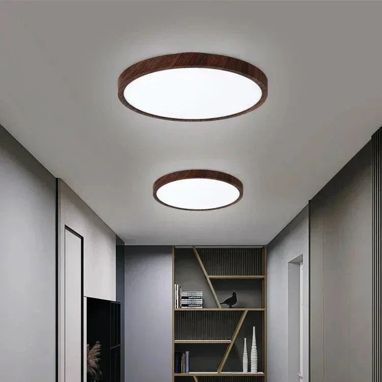 Ultradunne Ronde Plafondlamp van Notenhout – Platte LED Plafonnière met Instelbaar Licht, Ø30 of Ø40 cm, voor Moderne Ruimtes